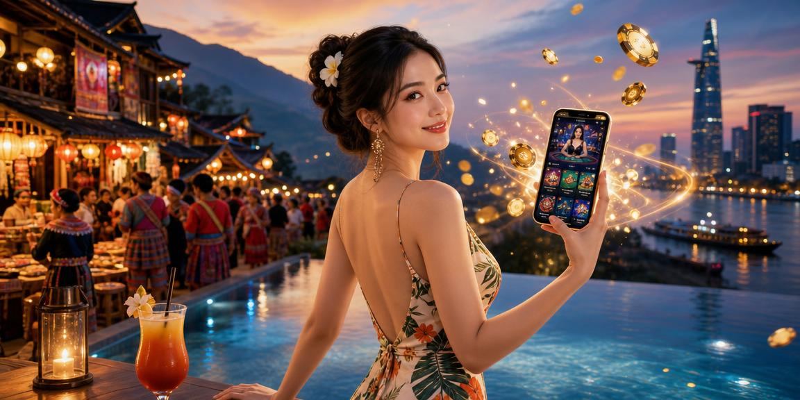 Người dùng Sài Gòn chơi slot game trên điện thoại trong không khí thành phố về đêm